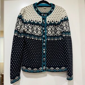 LL Bean Cardigan Sweater Fair Isle Nordic Women’s Small Snowflake Metal Buttons